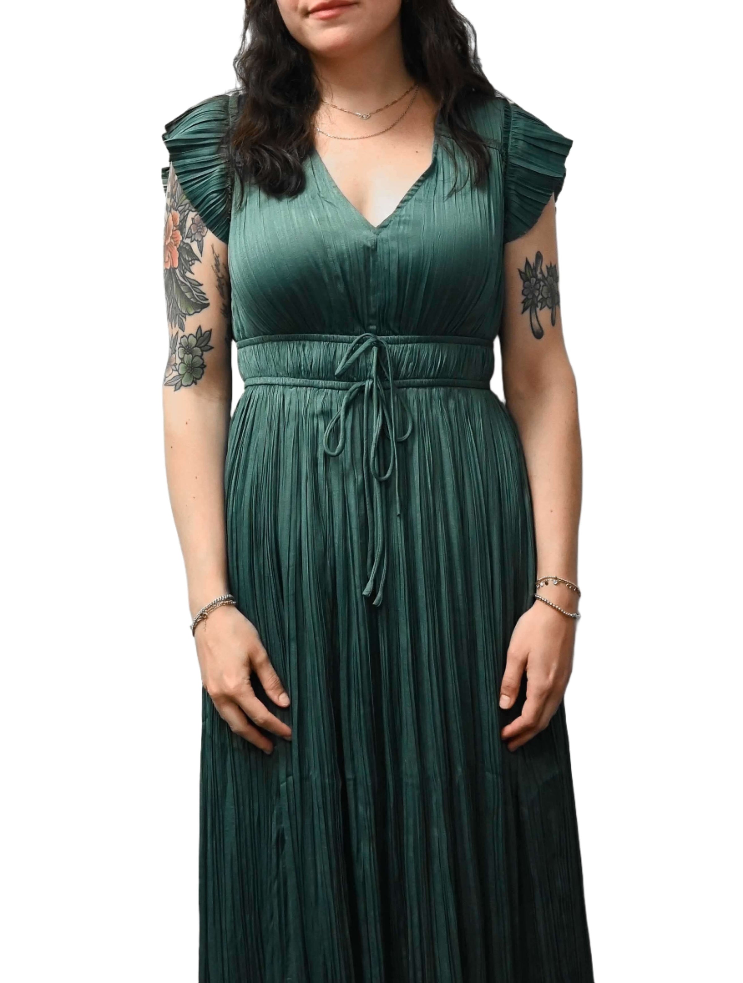 V-Neck Pleated Tie Waist Midi Dress