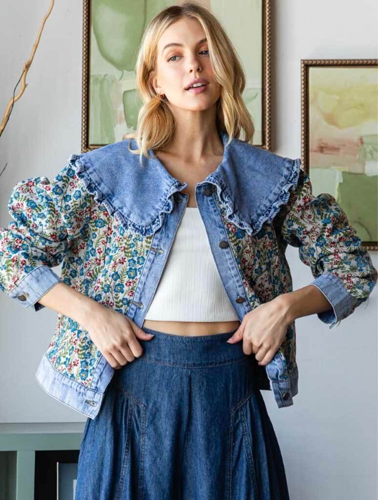 Vintage Jacquard Ruffle Collar Denim Jacket