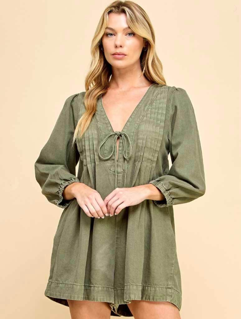 V-Neck Puff Sleeve Denim Romper