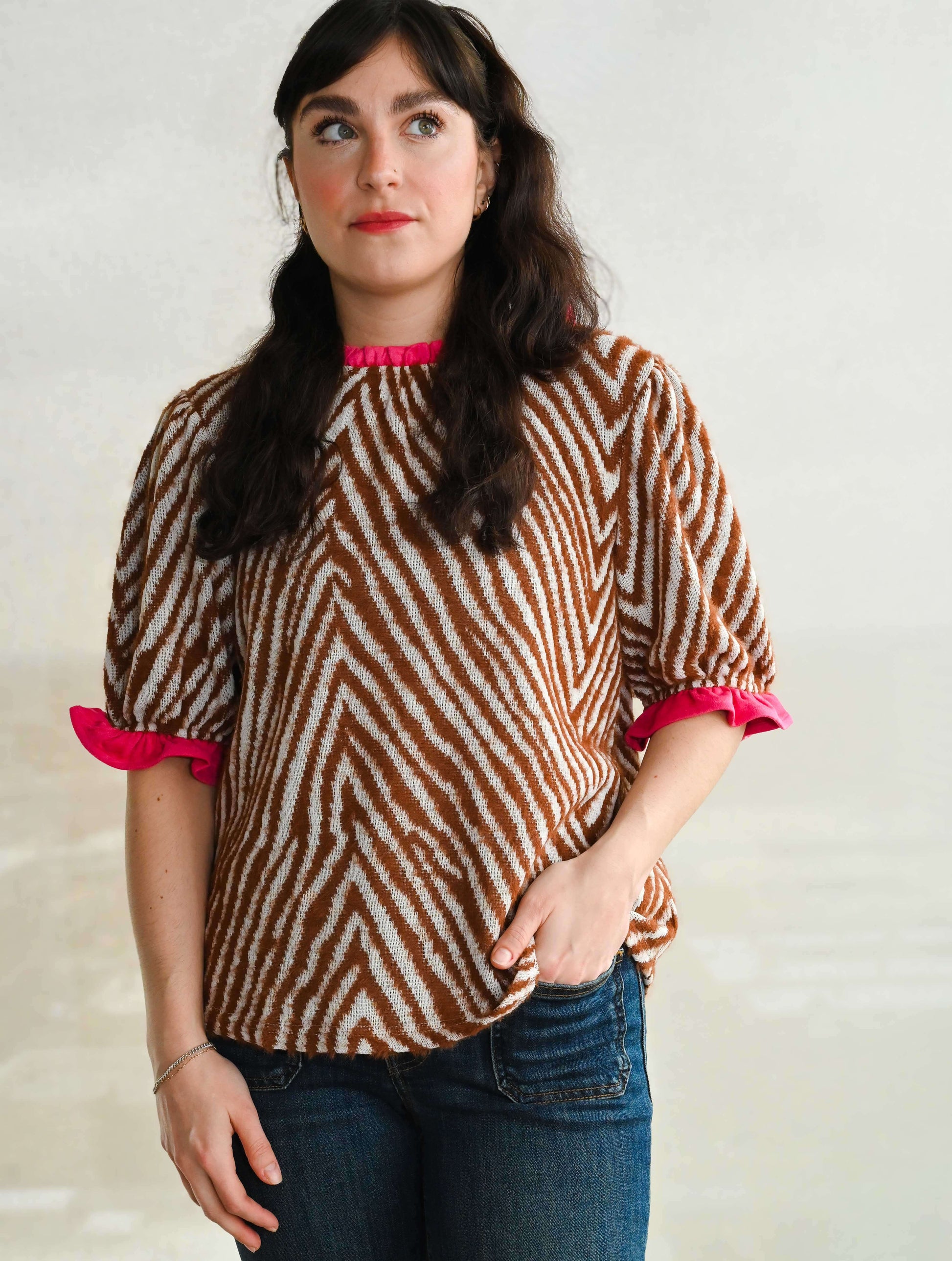 Contrast Ruffle Animal Printed Faux Fur Top