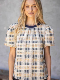 Tweed Bubble Sleeve Contrast Back Top