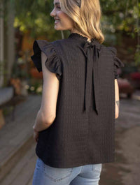 Ruffle Sleeve Tie Back Textured Top in Black