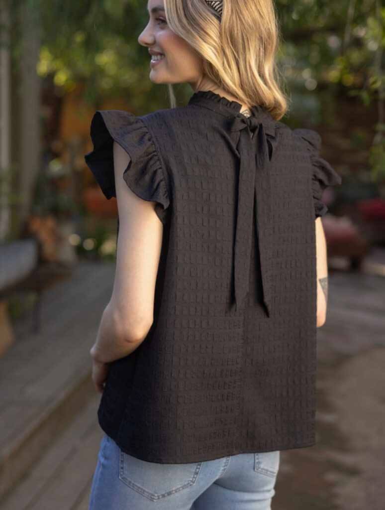 Ruffle Sleeve Tie Back Textured Top in Black