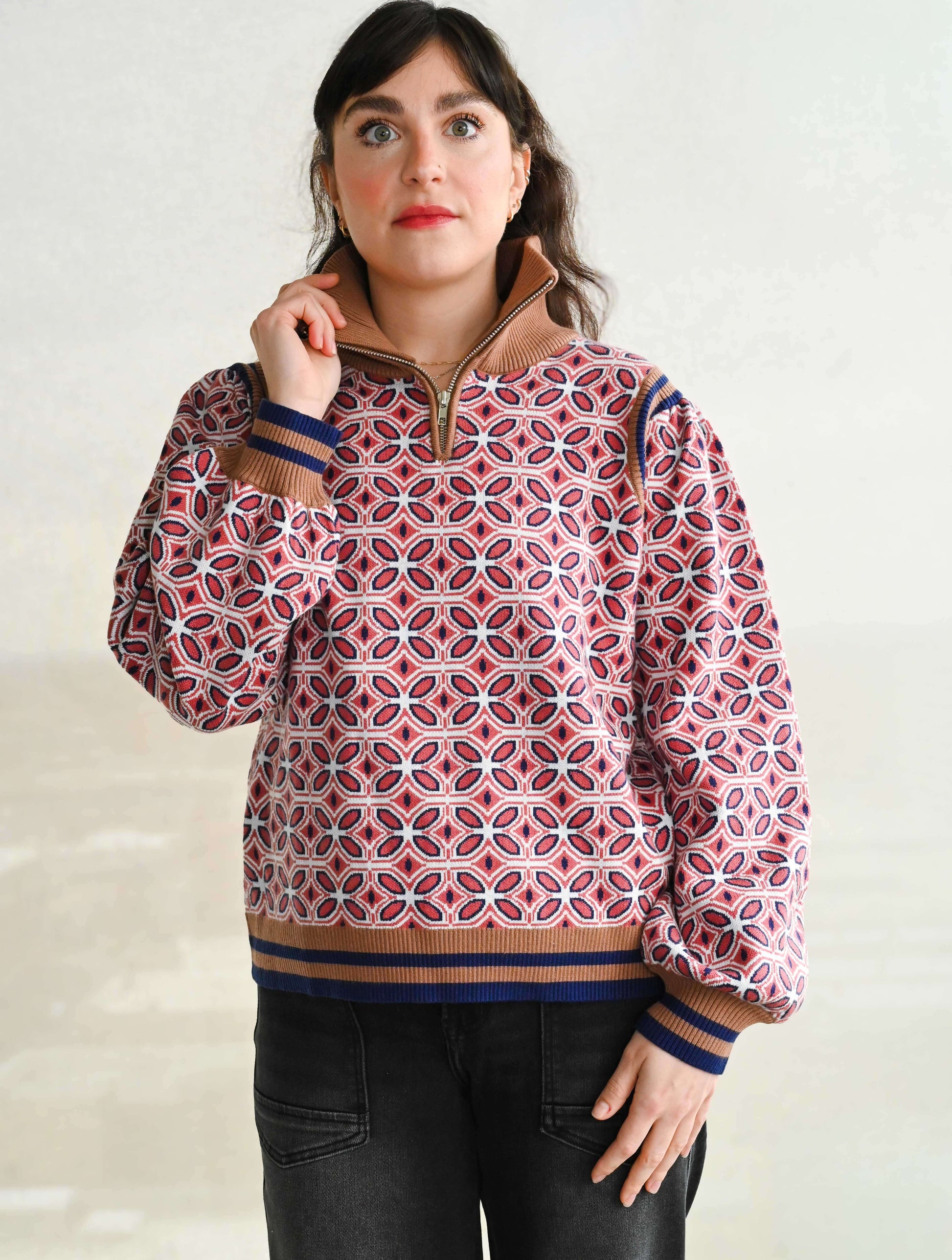 Zippered High Neck Striped Rib Band Sweater