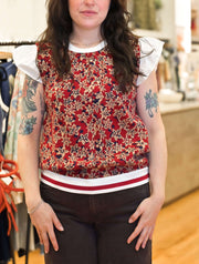 Contrast Ruffle Sleeve Floral Printed Knit Top