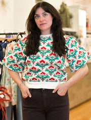 Short Bubble Sleeve Folk Floral Knit Top