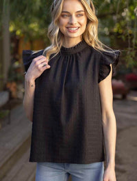 Ruffle Sleeve Tie Back Textured Top in Black