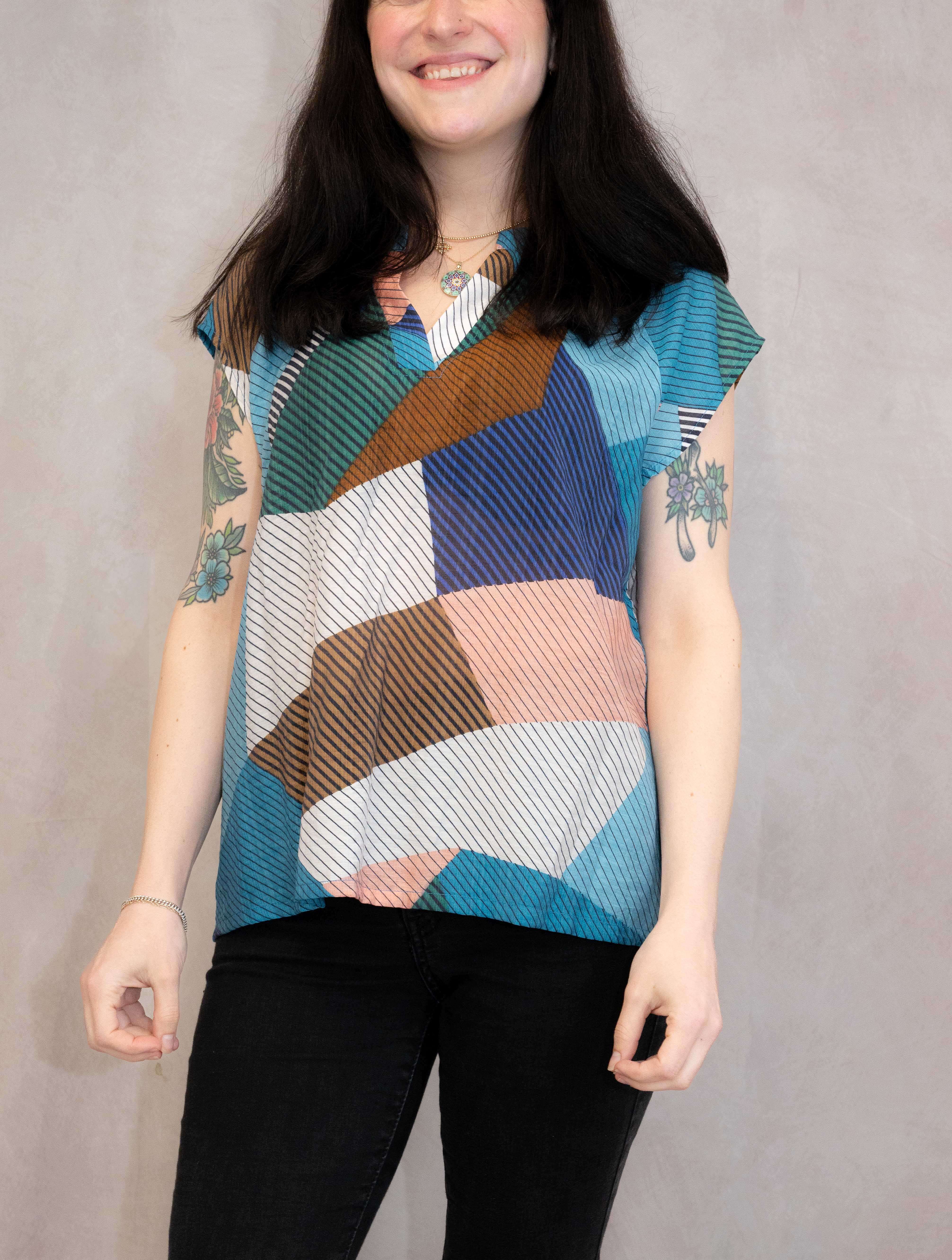 Cap Sleeve Woven Color Block Top