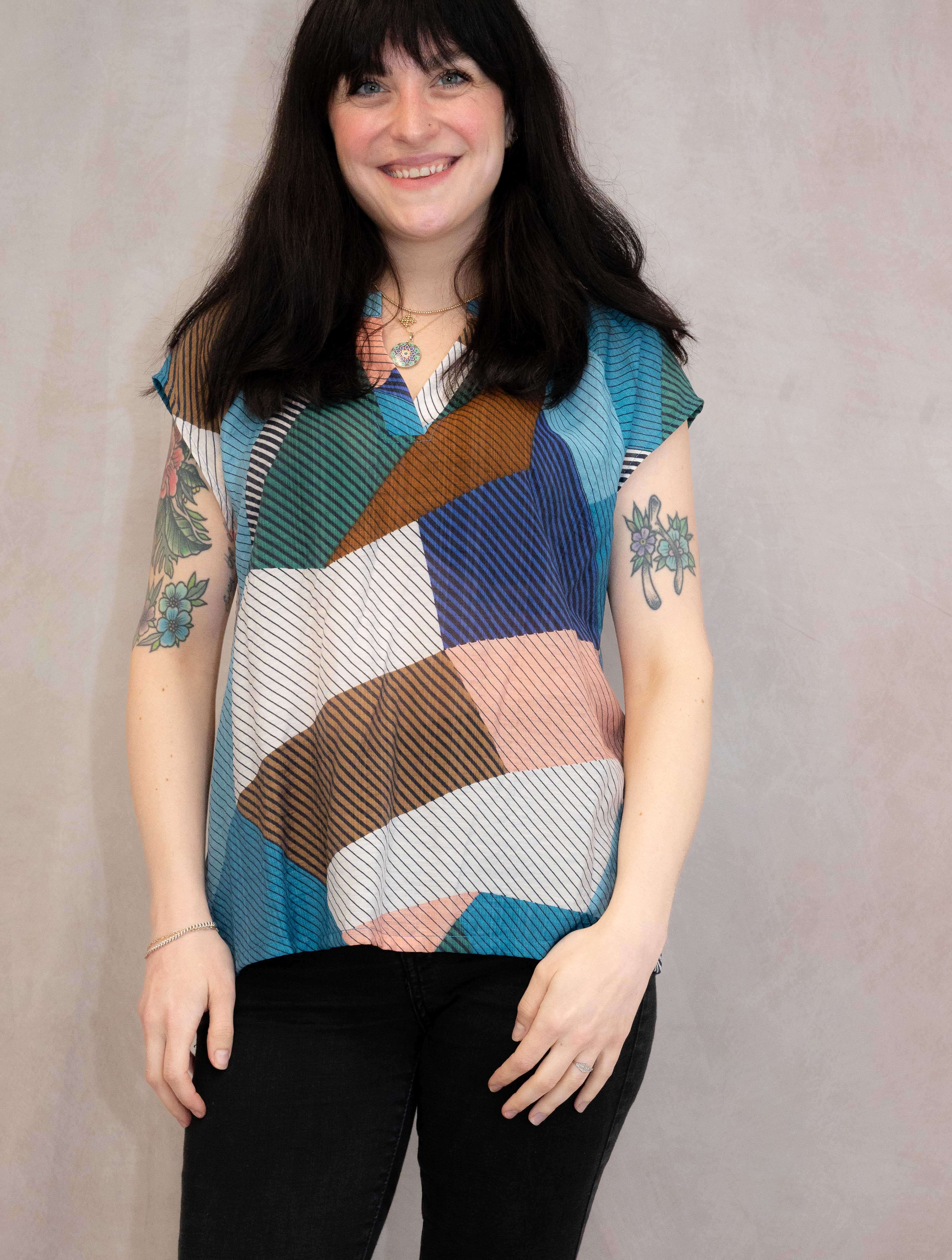 Cap Sleeve Woven Color Block Top