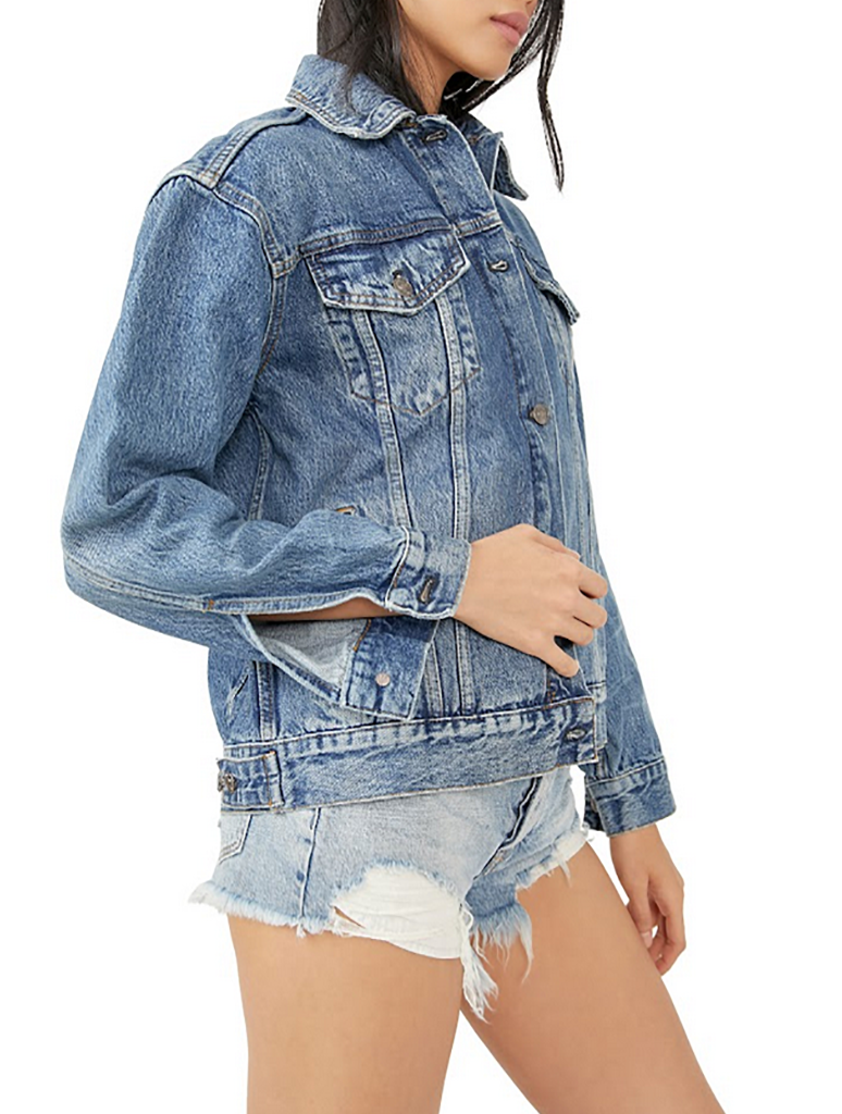 Free People Jolene Trucker Denim Jacket in Deep Sea