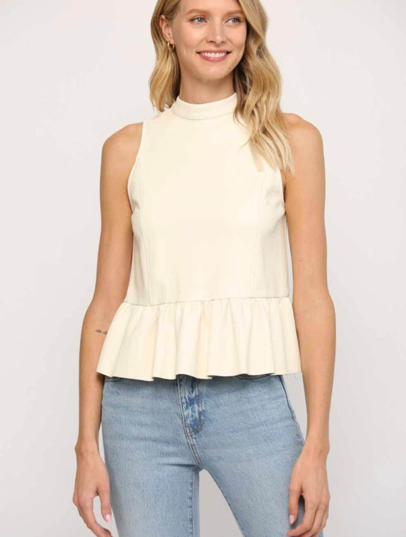 Faux Leather Halter Neck Peplum Top in Ecru