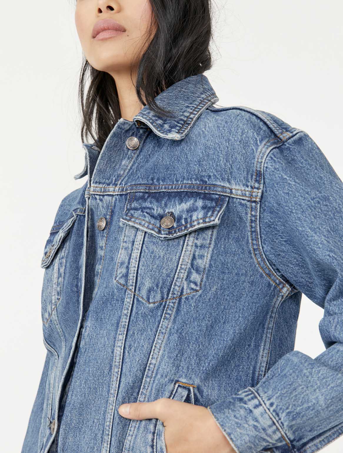 Free People Jolene Trucker Denim Jacket in Deep Sea